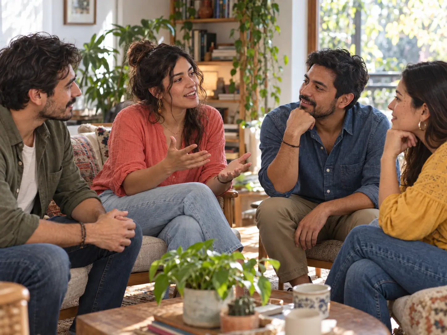Grupo de cuatro personas conversa con apertura y atención